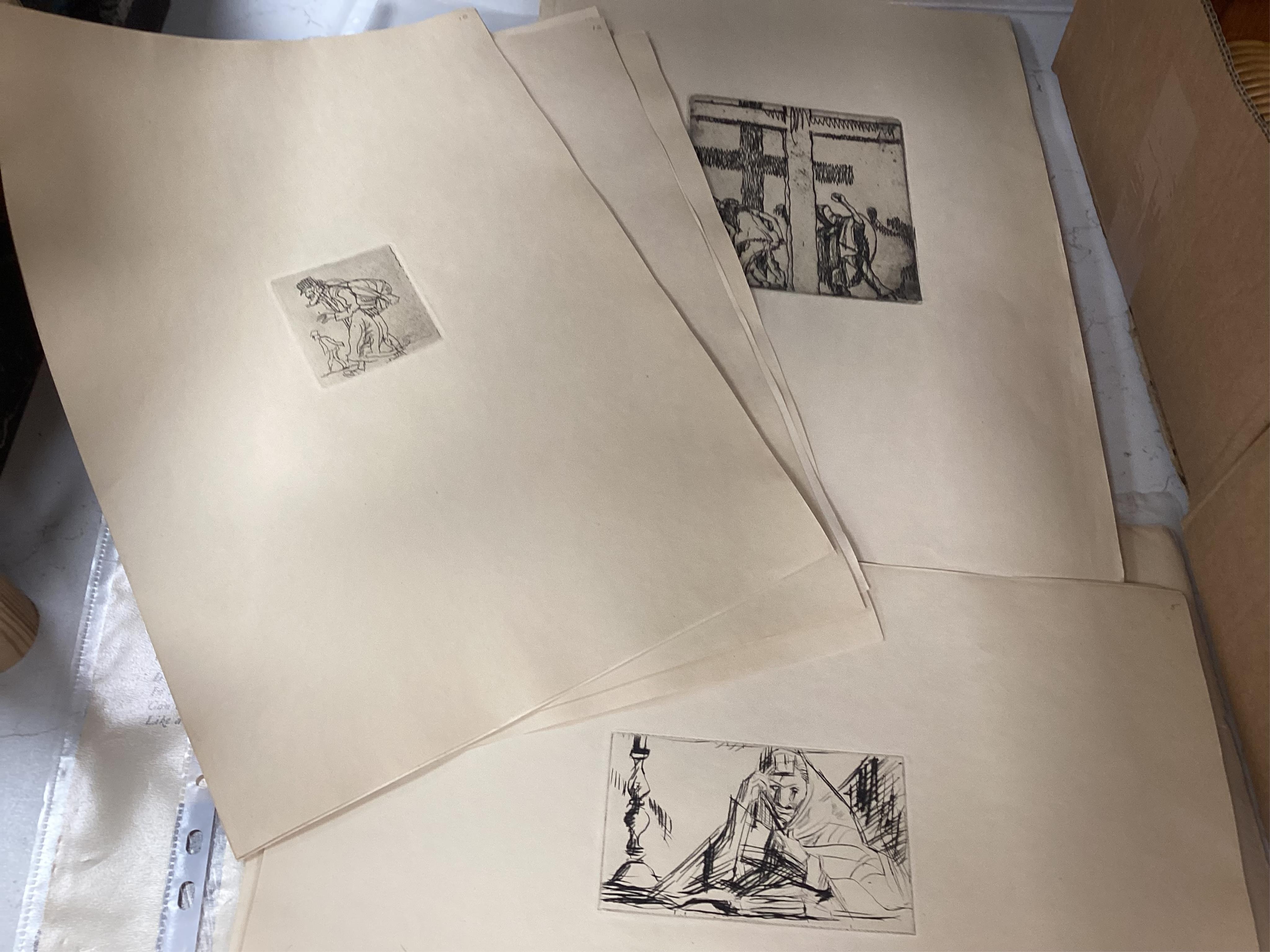 After Frank Brangwyn RA RWS RBA (1867-1956), a collection of unframed etchings and book plates to include Poem by JC Squire, together with related photographs inclduing Brangwyn in his studio